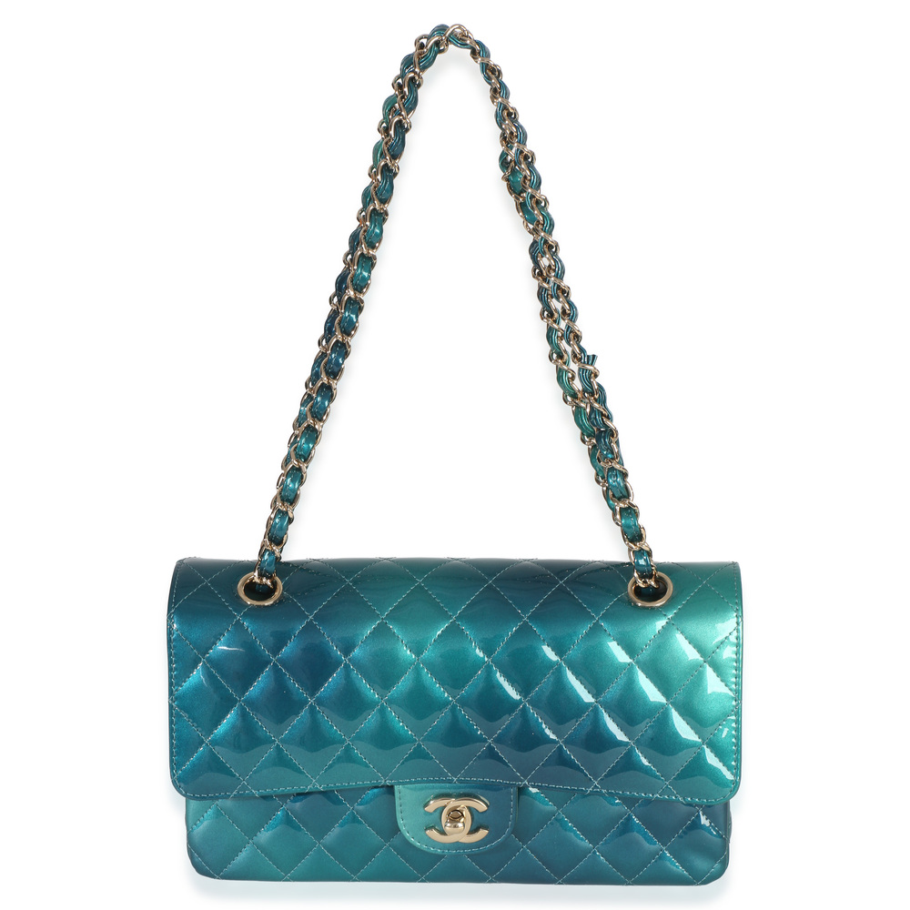 Chanel Green Blue Shaded Quilted Patent Medium Classic Double Flap Bag - Picture 6 of 8